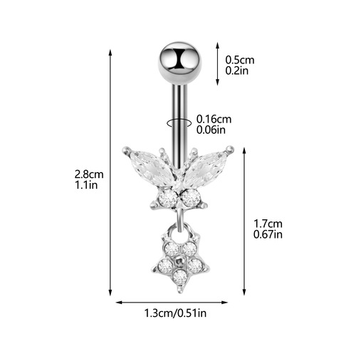 Cross-border new European and American stainless steel diamond-studded butterfly navel ring navel pin body piercing jewelry