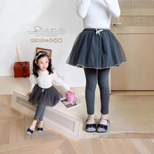 女童纯棉秋冬新品儿童打底裤假两件裙裤女宝宝裤子外穿网纱裙子潮