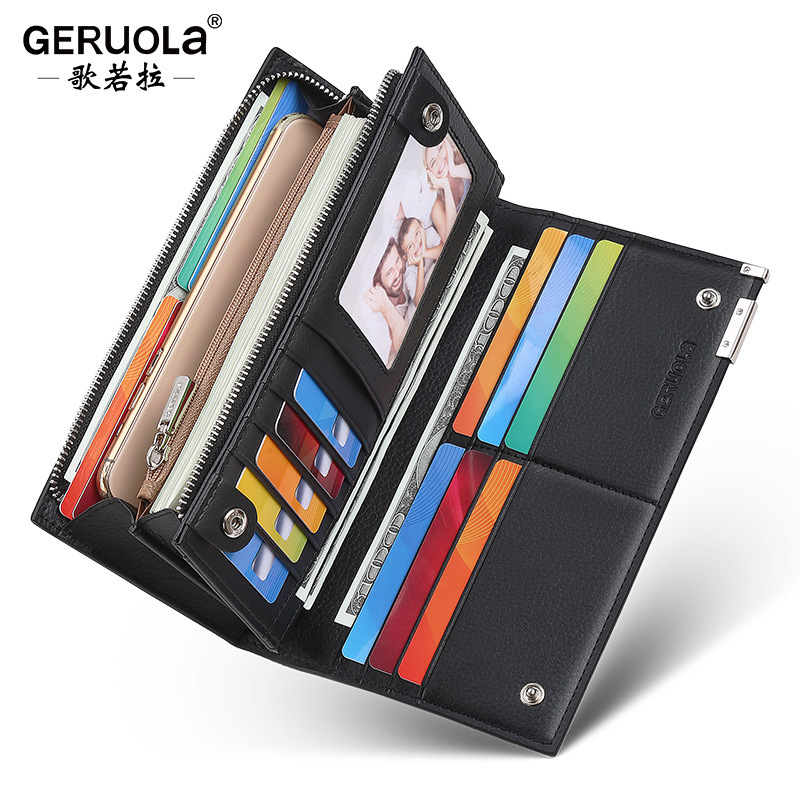 Guangzhou Ge Ruola cuero cartera de hombre, cremallera larga de cuero de vaca, cartera de gran capacidad, mano de negocios