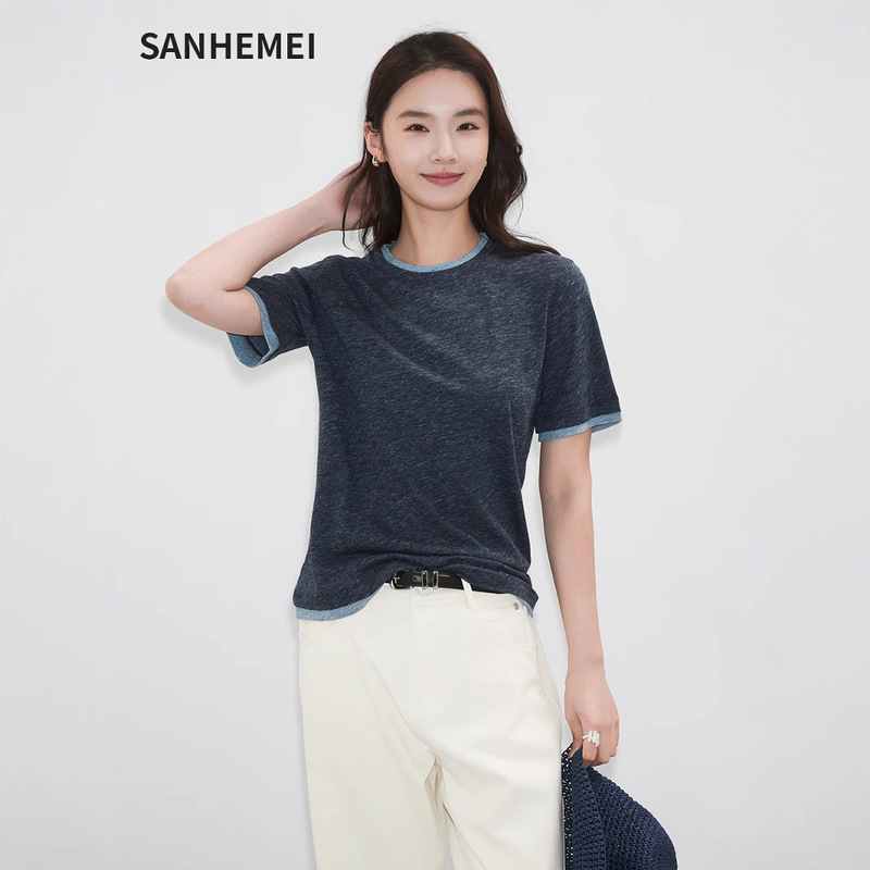 Lyocell Tencel Short-sleeved Women's T-shirt Knitted Loose Casual Top Women's Shoulder Round Neck Contrast Color Fake Two-piece