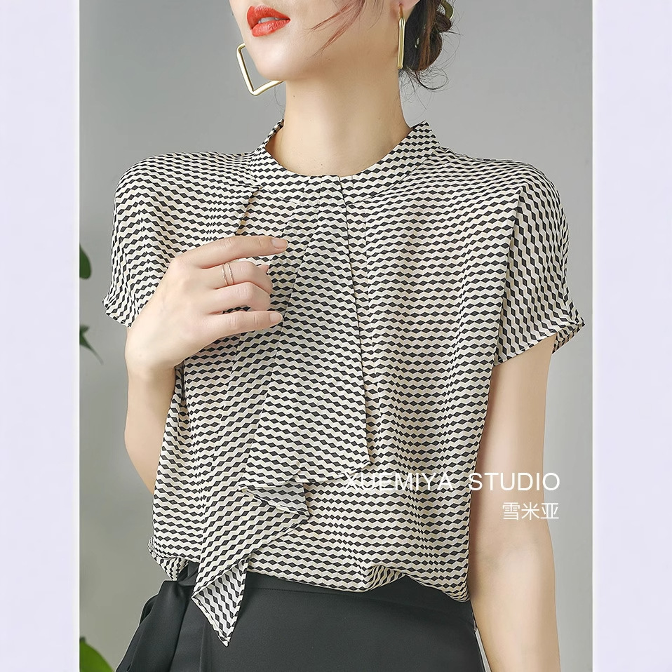 Houndstooth Chiffon Top for Women with a Sense of Design, Niche Short-Sleeved Loose French High-End Ribbon Plaid Shirt