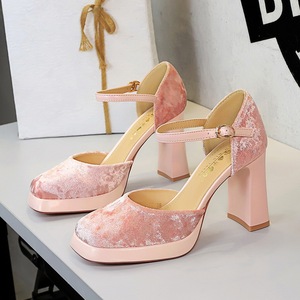 9899-10 French Sweet Style Fashionable Square Head Premium Velvet Waterproof Platform Ultra High Heels One Button Single