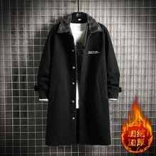 牛仔风衣外套男冬季加绒加厚中长款棉衣潮胖子大码冬装棉服男大衣