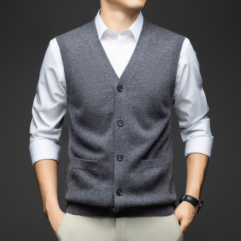 Autumn New Cashmere Sweater with Real Pockets, Men's Casual V-Neck Button-Up Vest Autumn New Cashmere Sweater with Real Pockets, Men's Casual V-Neck Button-Up Vest