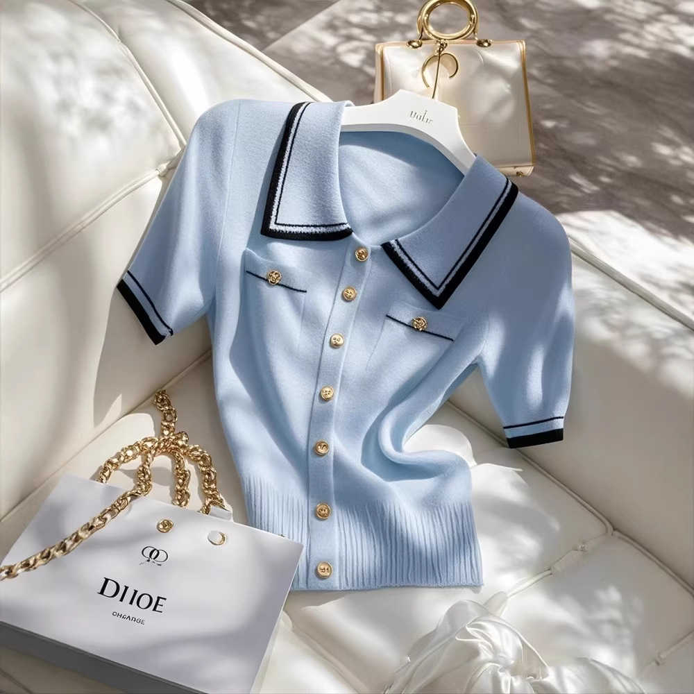 Áo thun nữ polo cổ bẻ tay ngắn phối màu tương phản, chất liệu len lụa mát mẻ — màu xanh nhạt chi tiết 1