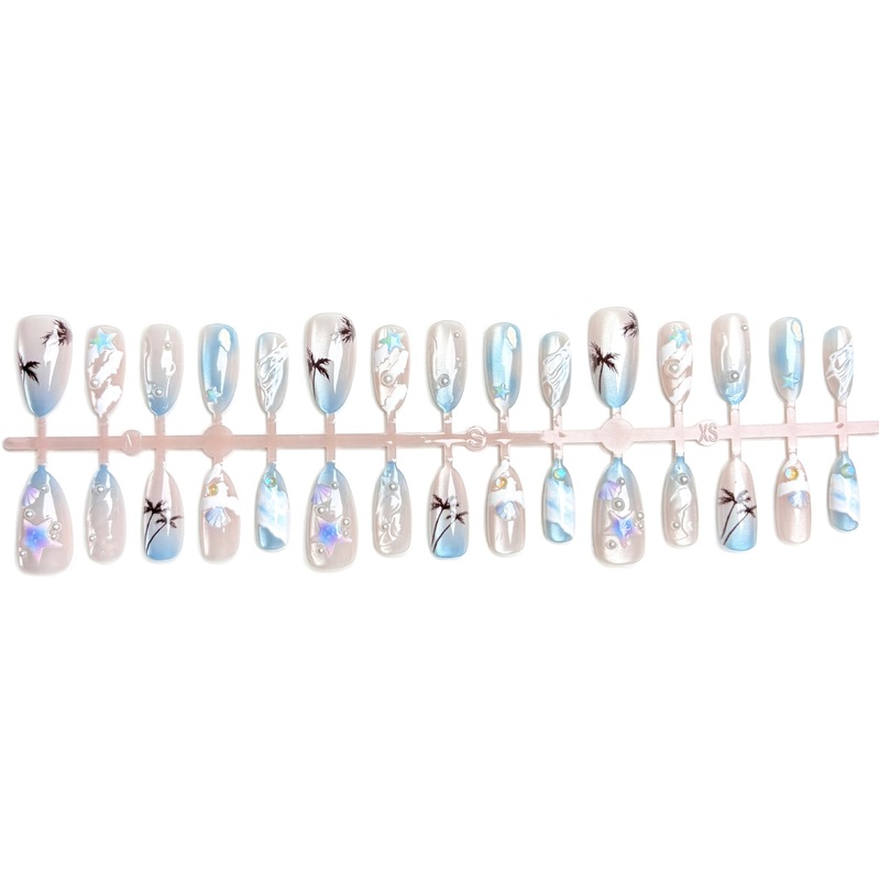 新跨境欧美夏日热销蓝色大海穿戴甲猫眼nails美甲贴片带钻成品ins|undefined