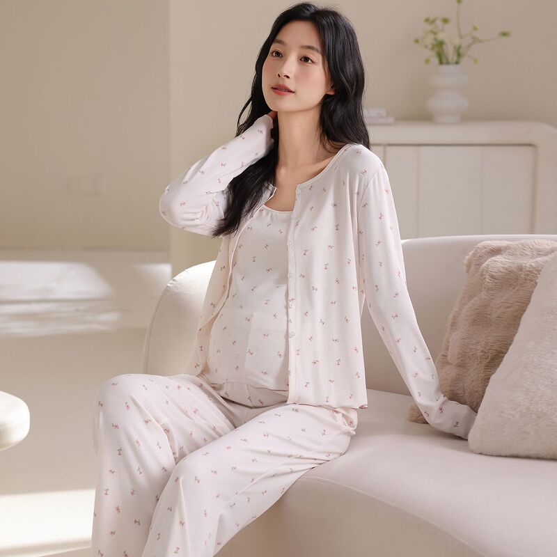 Autumn new 100% cotton round-neck cardigan with chest pads and suspenders, three-piece maternity sleepwear set for women