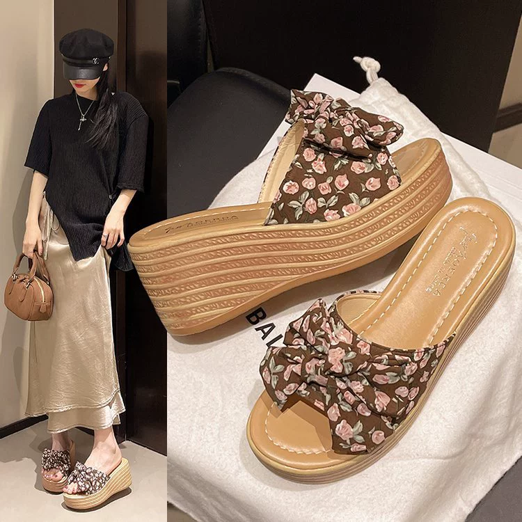 2025 новые летние стильные женские сандалии с цветочным принтом, однорядные, большие размеры, повседневные, с леопардовым принтом, бантом, на толстой платформе, оптом от производителя