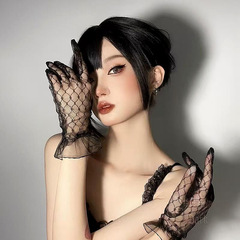 新娘婚纱礼服薄纱蕾丝手套日常演出婚庆短款网纱性格黑色批发