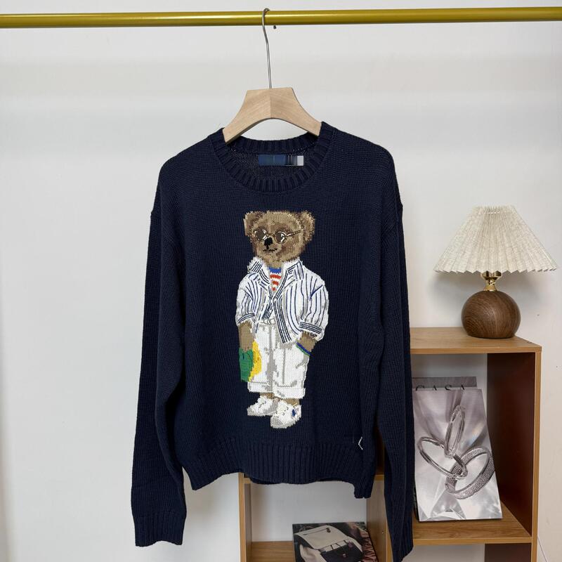 High-Quality/Scannable Navy Striped Bear 25Th Autumn and Winter Pure Cotton Heavy Embroidery Women's Round Neck Sweater