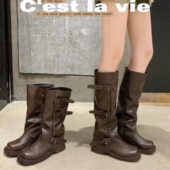 葡萄妈studiolee 增高6/8cm~时髦皮带扣方圆头褶皱中筒骑士靴女秋