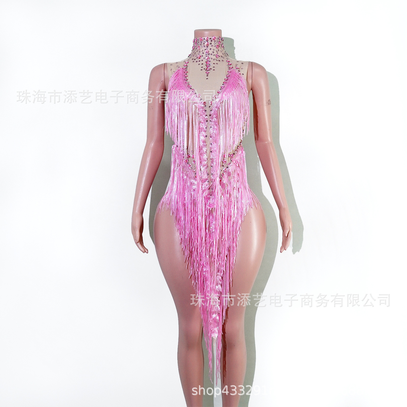 Pink Tassel Rhinestone Jumpsuit Latin Dance Performance Outfit High-Neck Sexy Stage Performance Outfit for Women