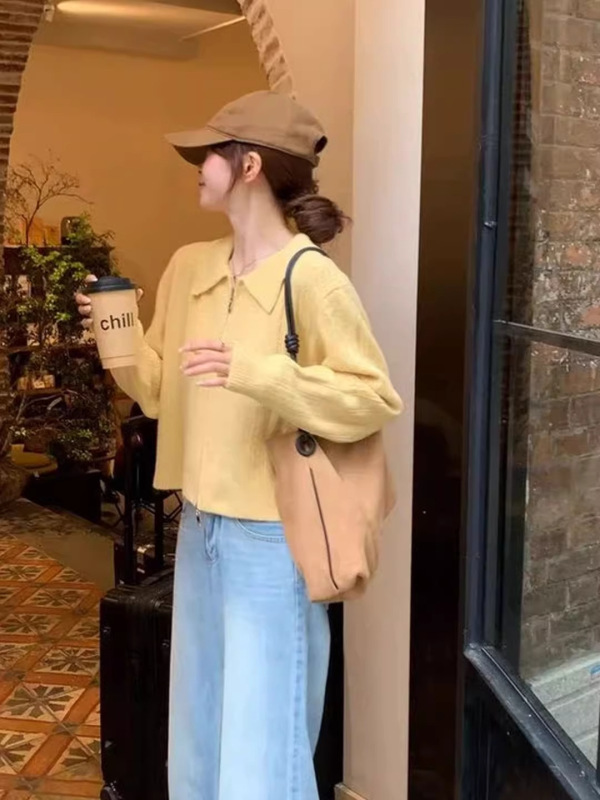 法式复古拉链翻领毛衣外套女秋季穿搭奶呼呼软糯宽松针织开衫上衣|undefined