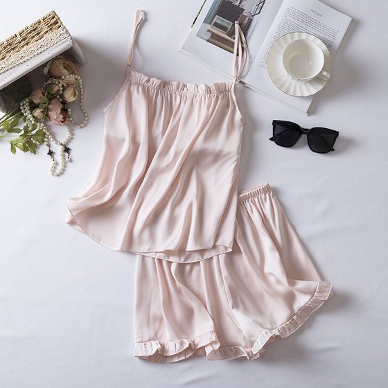 Cross-border Summer Ice Silk Pajamas Women's Thin Sling Shorts Pajamas Two-piece Suit with Chest Pad Pure Desire Style Home Clothes