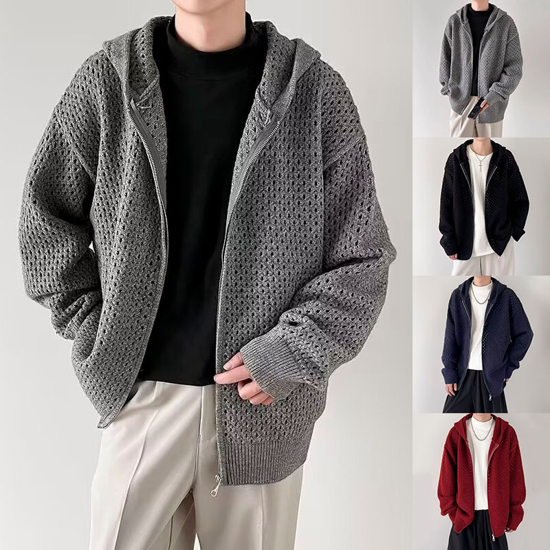 Autumn and Winter New Style Ripped Hollow Hooded Knitwear Men's Cardigan Jacket Lazy Trendy Brand Foreign Trade Cross-Border Wholesale