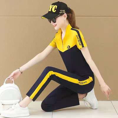 Leisure suit female 2022 Summer wear Large motion Easy Show thin Stand collar Short sleeved Two piece set One piece On behalf of