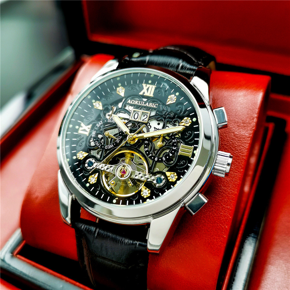 AOKULASIC/ogulas hombres rhinestone reloj mecánico automático hueco doble calendario multifuncional reloj de correa de acero