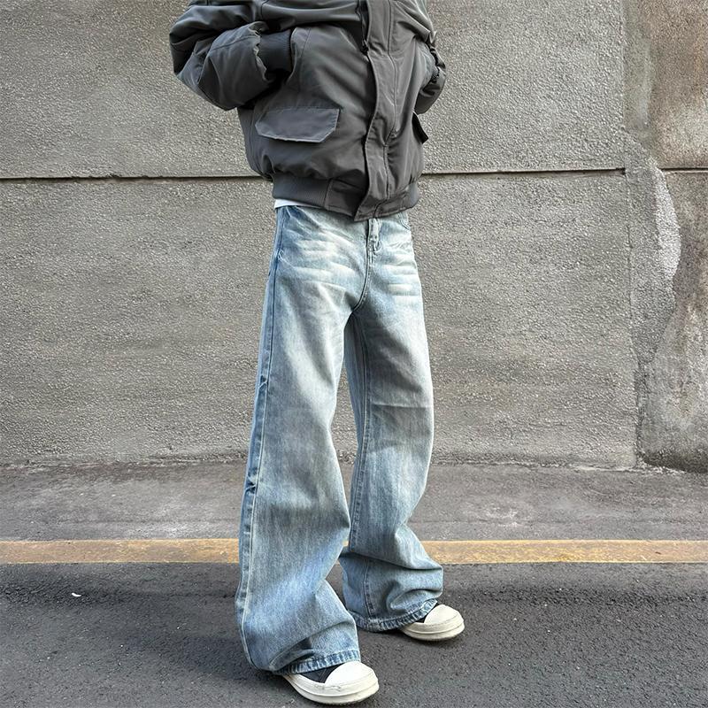 Light-Colored Men's Straight Loose Wide-Leg American High Street Jeans Trendy Versatile Casual Washed Retro Long Pants