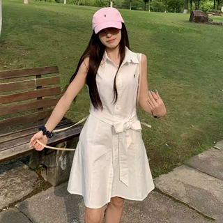 跨境RL拉夫牛津布裙经典战马刺绣白月光连衣裙时尚无袖收腰排扣女