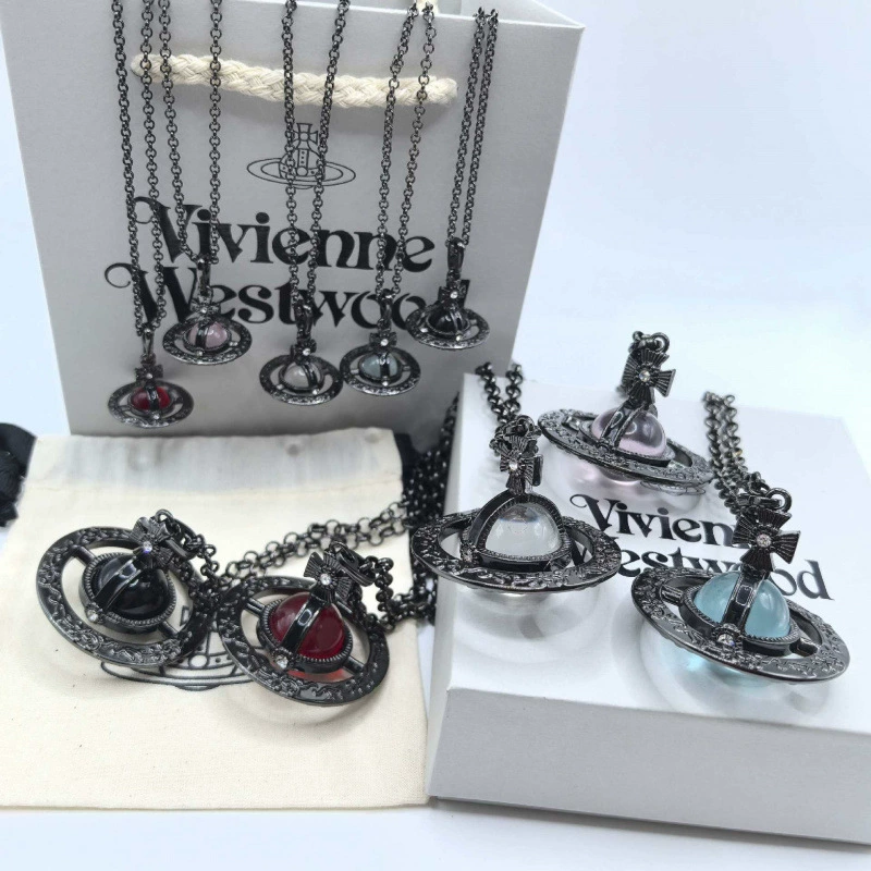 Большое винтажное резное черное стеклянное ожерелье «Сатурн» с изображением императрицы, трехмерная цепочка для свитера с планетой, 10 мм 20 мм