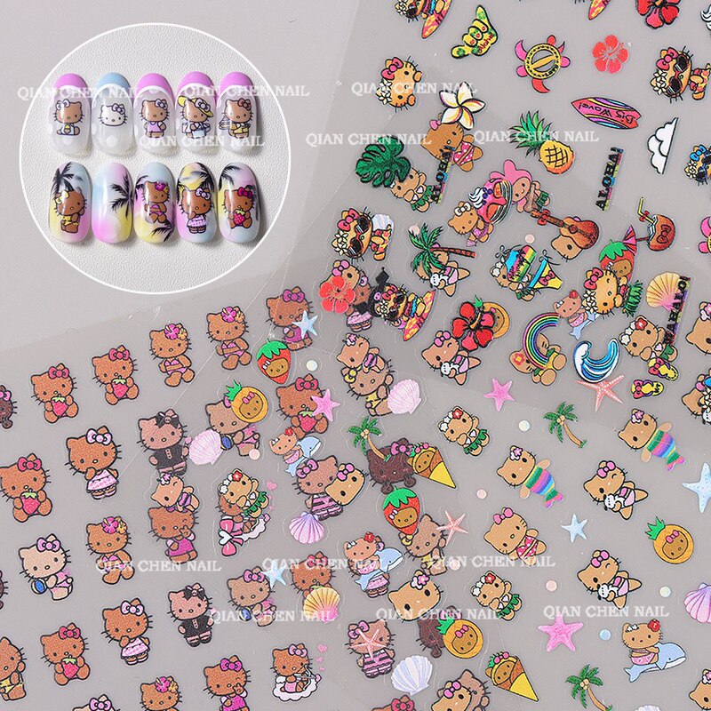 Hot sale nail art summer surfing holiday style black skin Kitty cat kt cat cute cartoon nail stickers wholesale