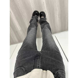 2025新款设计感弹力毛边微喇叭牛仔裤女大码胖mm高腰显瘦拖地长裤