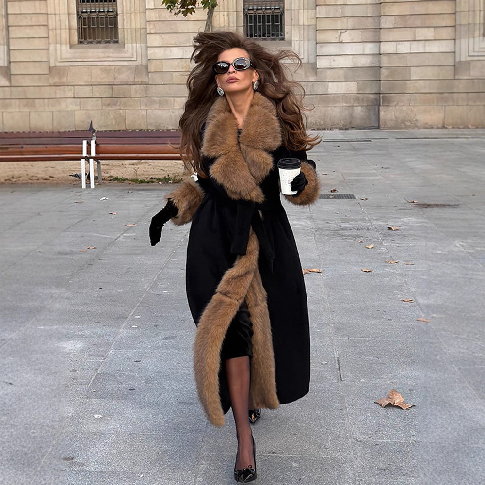 2025 Amazon Cross-Border Elegant Socialite Autumn and Winter Fashion Long Woolen Coat with Fur Collar for Women