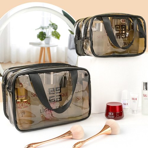 New dry and wet separation transparent waterproof cosmetic bag Double-layer large capacity portable PVC mesh storage bag toiletry bag