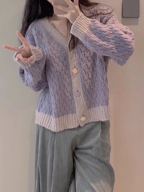 新款v领短款毛衣小外套女秋冬小香风奶fufu宽松软糯针织开衫上衣|undefined