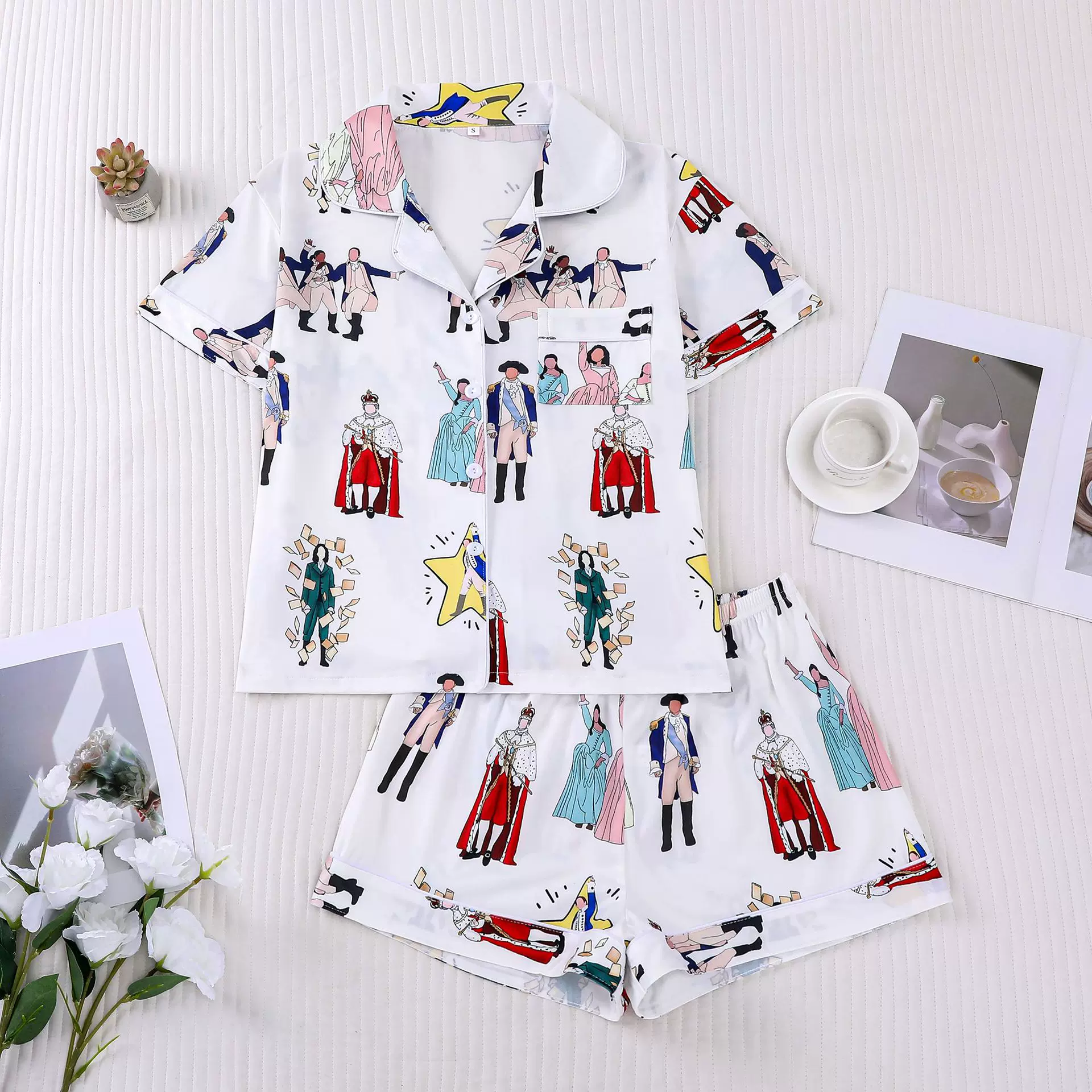 跨境外贸新款女士睡衣汉密尔顿民族风印花翻领短袖短裤欧美家居服