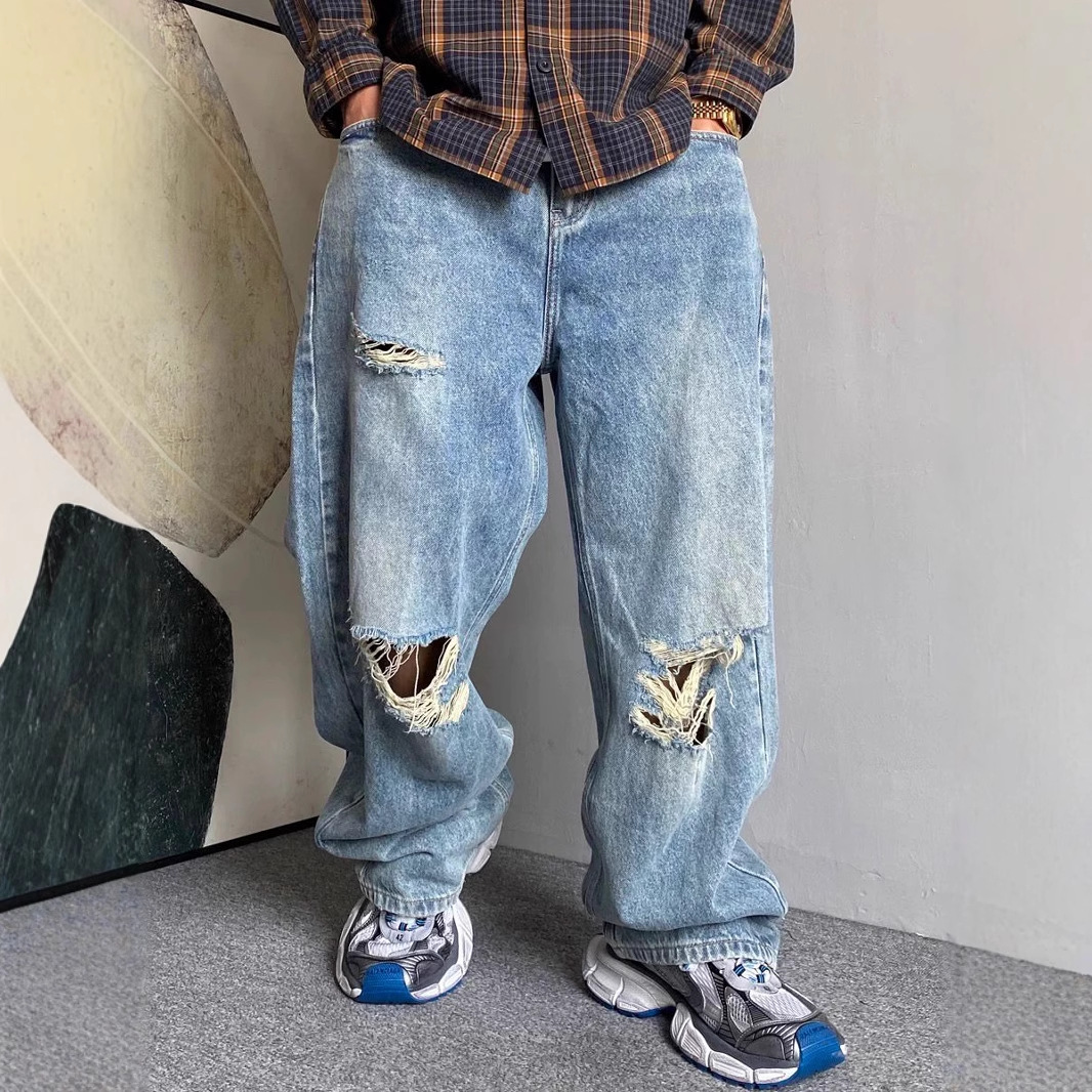 Men's Retro High Waist Dad Jeans Spring Summer Casual Loose Fit Wide Leg Ripped Straight Leg Floor Length_mkmklike.com