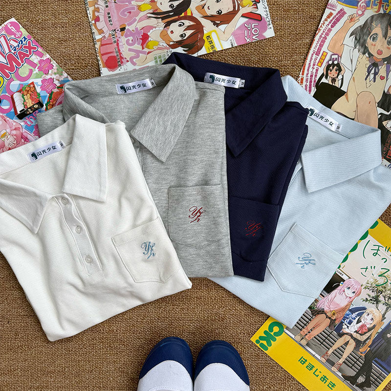 Glitter Girl Jk Original Japanese Style Commuting Polo Shirt Easiest for Match Summer College Style Embroidered Short-Sleeved Shirt