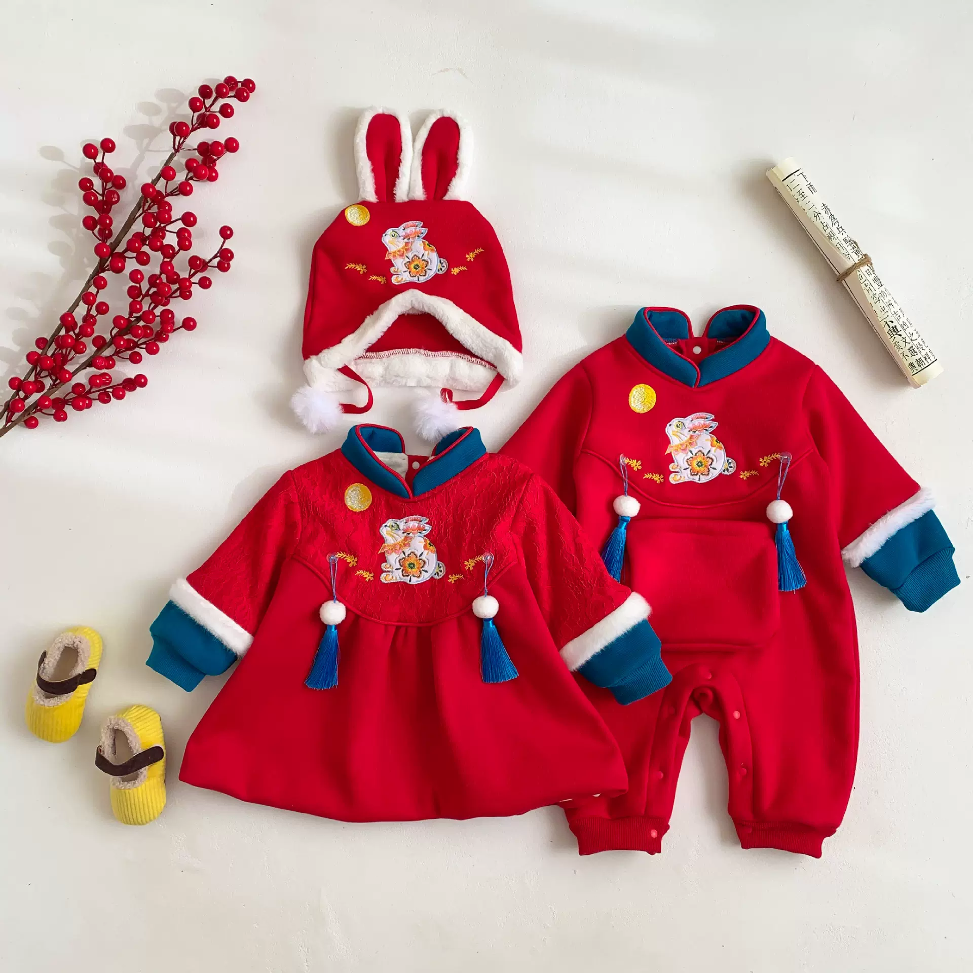 可定制兔年婴儿爬服男女宝宝新年拜年服满月百天周岁礼服公主哈衣