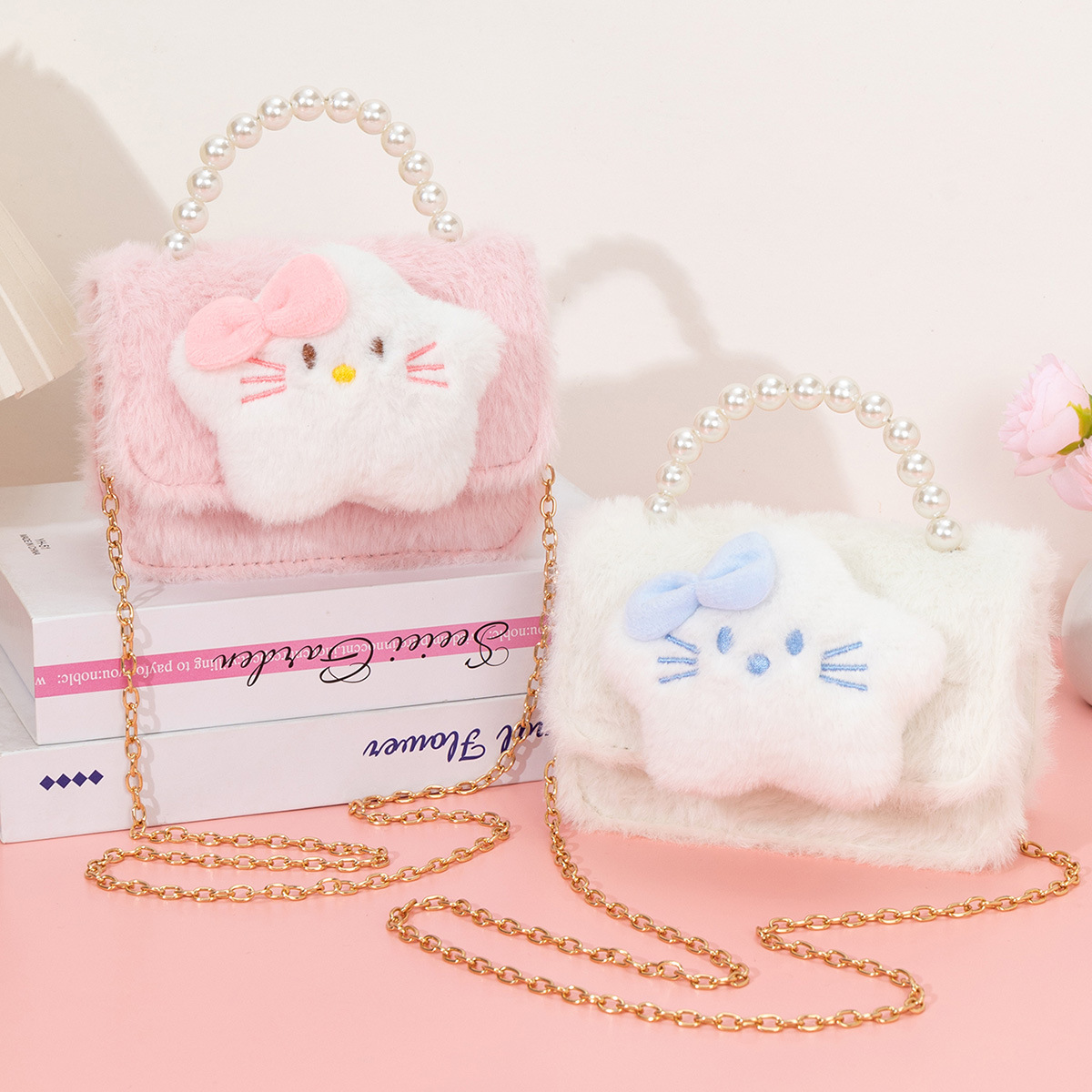 Girls' Children's Bags, Cat-Shaped, Five-Pointed Star Plush Comfortable Crossbody Bag, Bowknot, Precious Metal Chain, Beaded Handbag