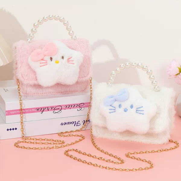 Girls' Children's Bags, Cat-Shaped, Five-Pointed Star Plush Comfortable Crossbody Bag, Bowknot, Precious Metal Chain, Beaded Handbag