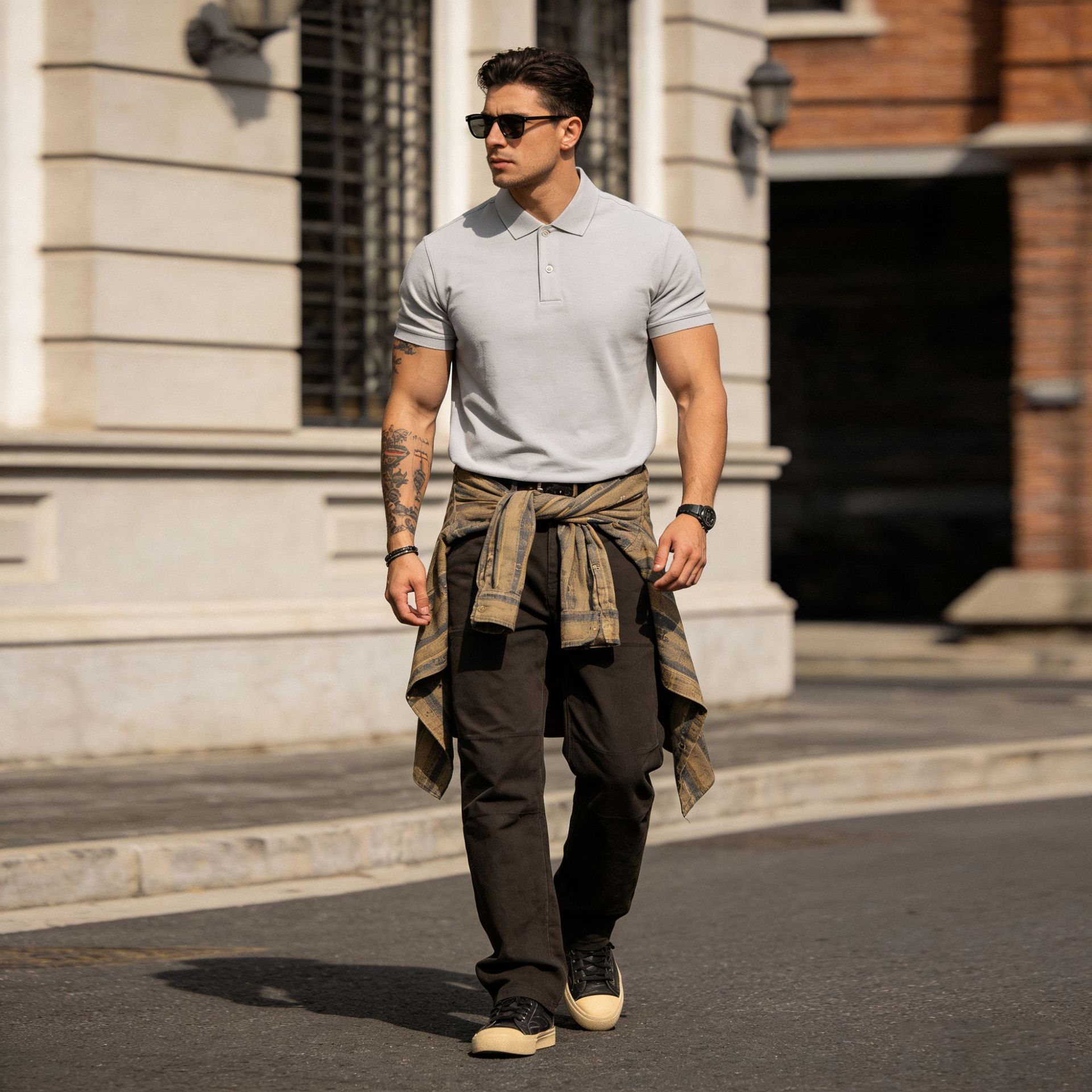 Okonkwo Basic Retro Pure Color Short-Sleeved Italian Polo Polo Shirt Men's Waist Lapel T-Shirt