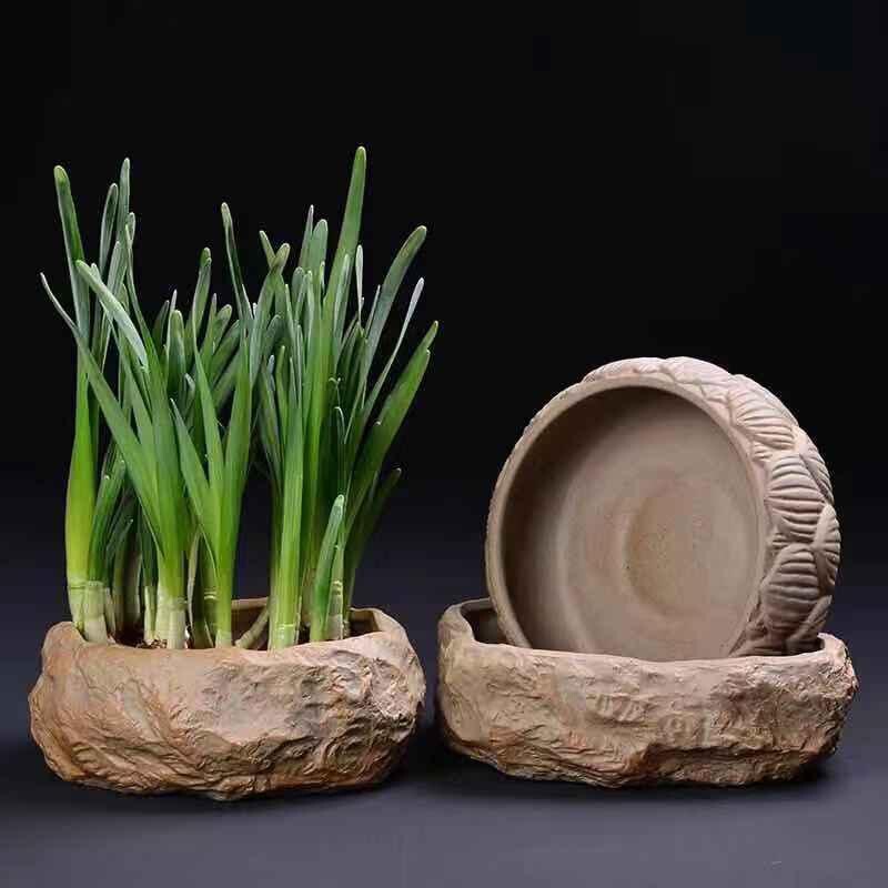 Creative Ceramic Non-Porous Narcissus Pot Stoneware Imitation Stone Desktop Succulent Plant Pot Hydroponic Copper Coin Flower Pot