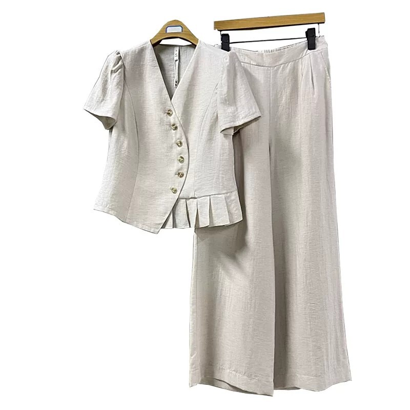 Chanel-Style V-Neck Suit, Available in the Mall, Women's Summer Outfit, Slimming and Age-Reducing, Elegant Casual Wide-Leg Pants Two-Piece Set