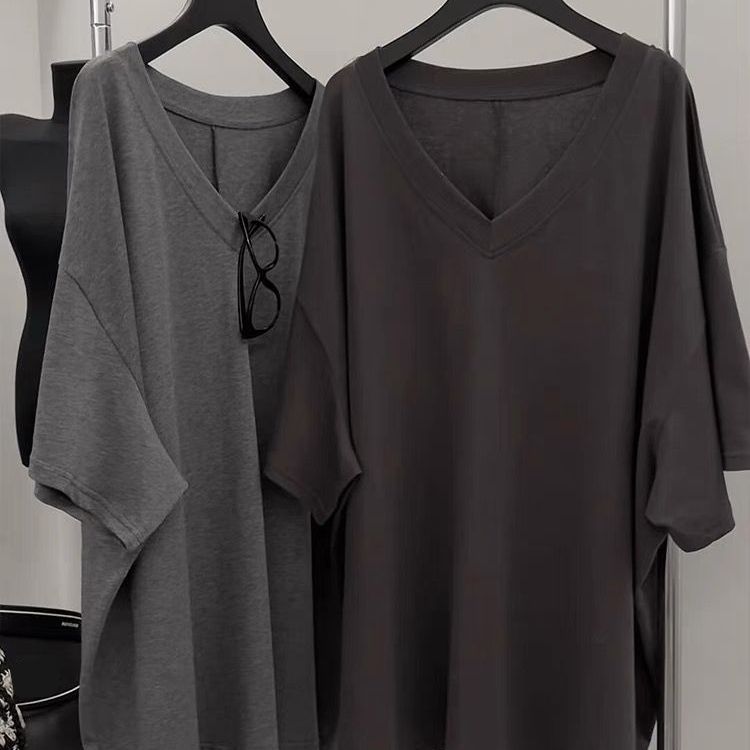 Large Neckline V Neck Short-Sleeved T-Shirt for Women Summer Korean Style Loose Large Size Mid-Length Bottoming Shirt Lazy Style Pure Cotton Top