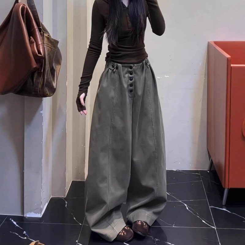 American-Style Design Button-Up Wide-Leg Jeans for Women, New Autumn and Winter Plus-Size Loose Lazy Floor-Length Scimitar Pants