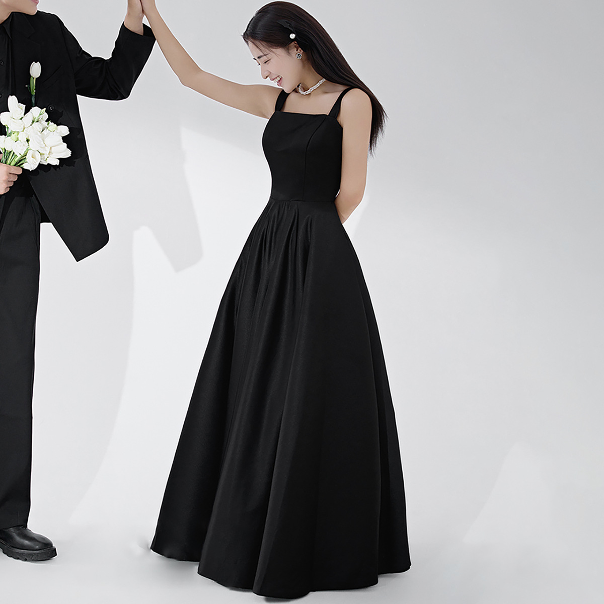 Black Hepburn style Strap Satin light wedding dress studio theme couple photography engagement banquet elegant evening dress for women
