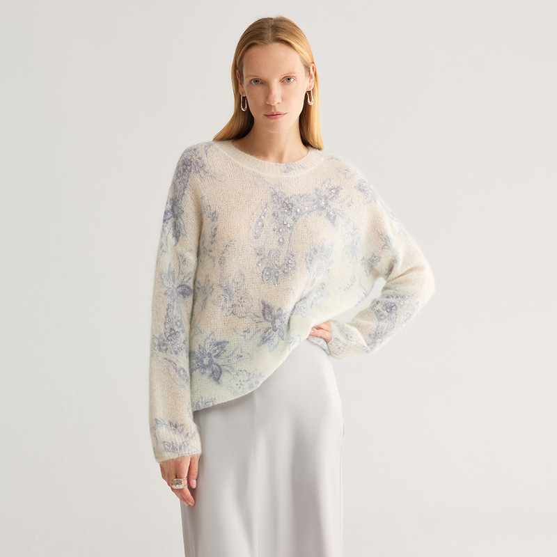 Printed and dyed mohair sweater for women, embellished with rhinestones, wool knit top, new autumn women's clothing, casual style, lightweight cardigan Printed and dyed mohair sweater for women, embellished with rhinestones, wool knit top, new autumn women's clothing, casual style, lightweight cardigan