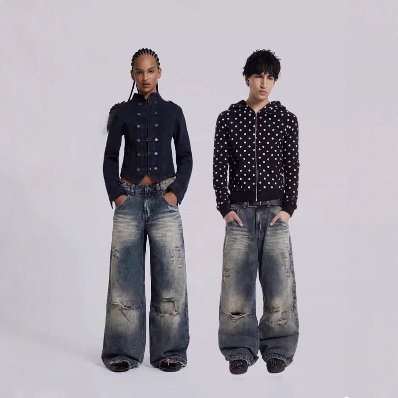 Jaded London Retro Washed Low-Waist Ripped Brushed Jeans Pants for Men and Women