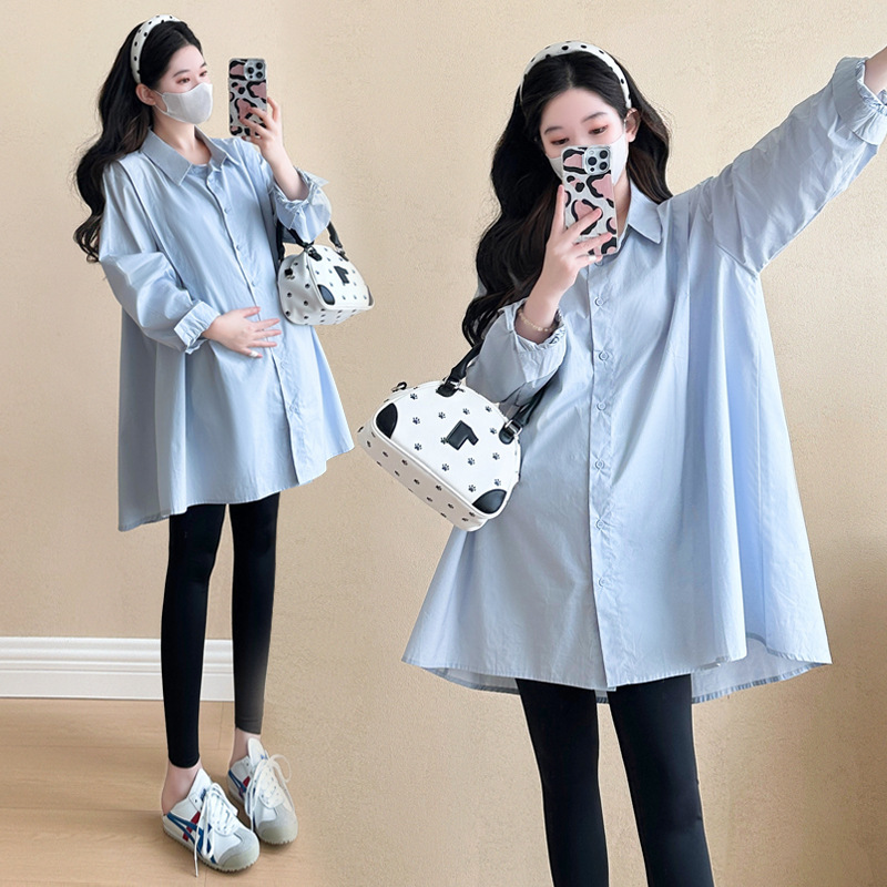 现货2025孕妇装秋季新款韩版棉中长款大码孕妇休闲衬衫时尚潮妈|undefined