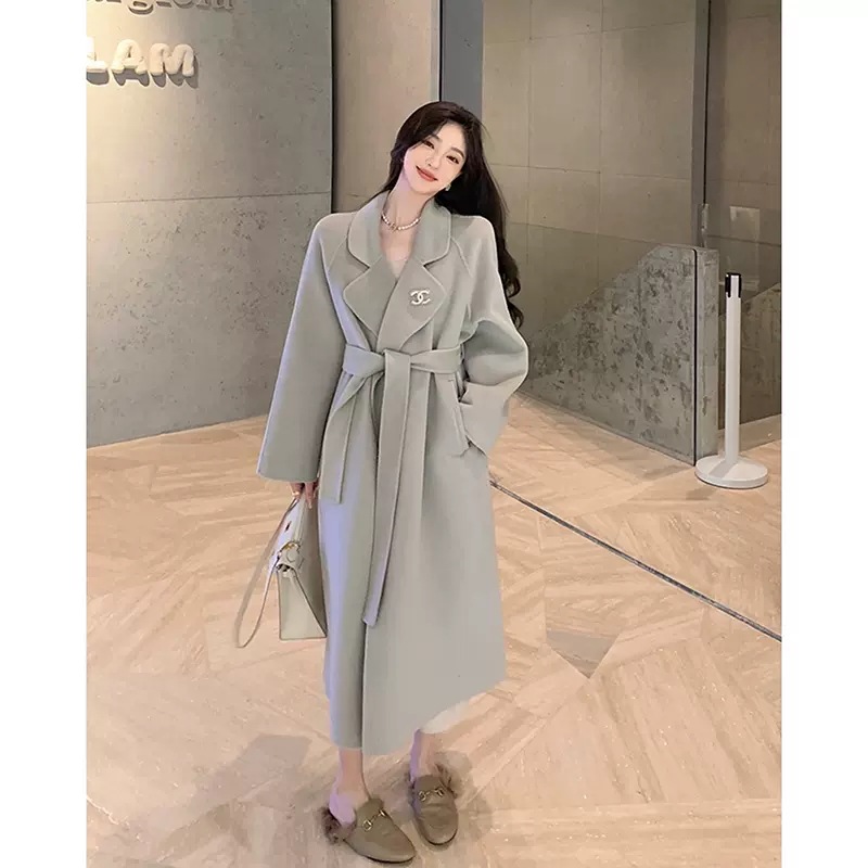 オフホワイトの両面カシミヤコート レディース 秋冬 2025年新作 冬 高級感 ミドル丈 韓国風 ウールコート