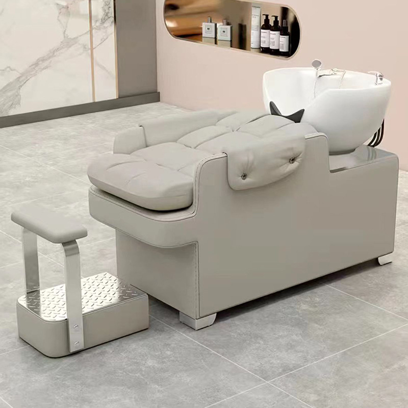 Cama de Champú Semi-reclinable para Salones de Belleza con Lavabo de Cerámica y Masaje de Pies, Sofá de Champú Semi-reclinable para Barberías