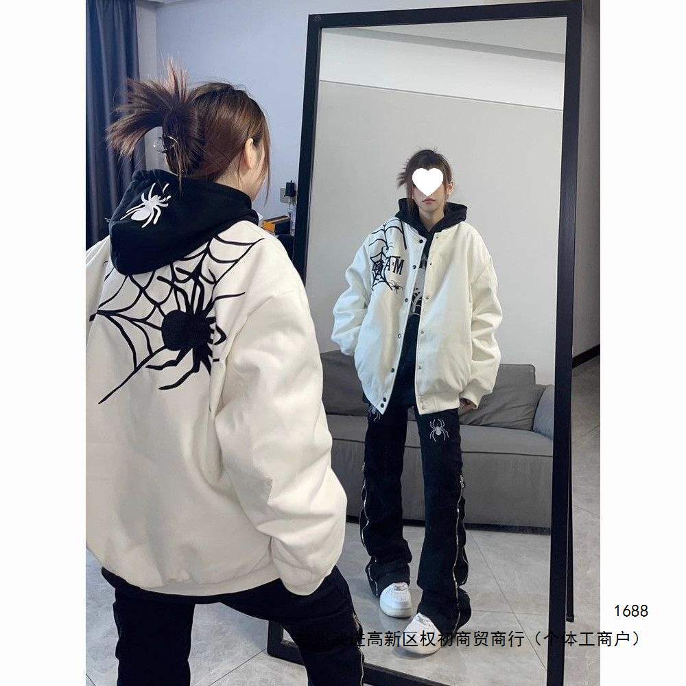 American-style high-street baseball jacket for men and women, spring and autumn, spider embroidery design, loose-fitting trendy couple jacket, Instagram style.