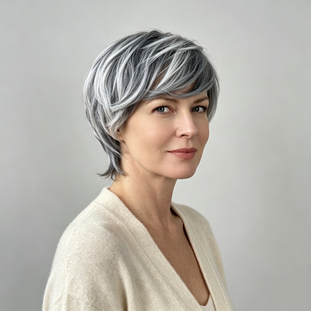 Amazon nueva peluca femenina de moda europea y americana pelo corto recto teñido en blanco y negro color mezclado fibra química Pelo Corto sombrero femenino transfronterizo image 4