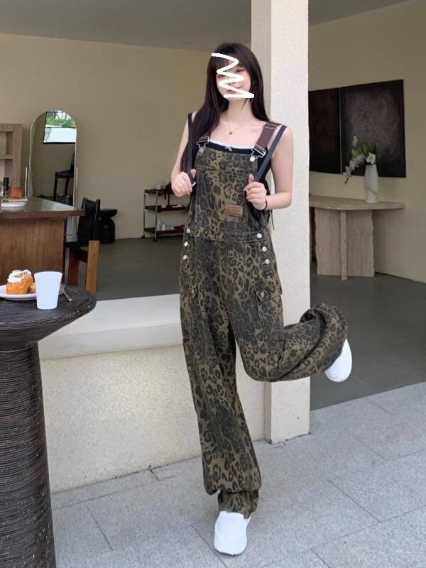 アメリカンレトロ2024早秋ゆるい高街豹紋デニムバックパンツ女性デザイン感小衆直筒長ズボン|undefined