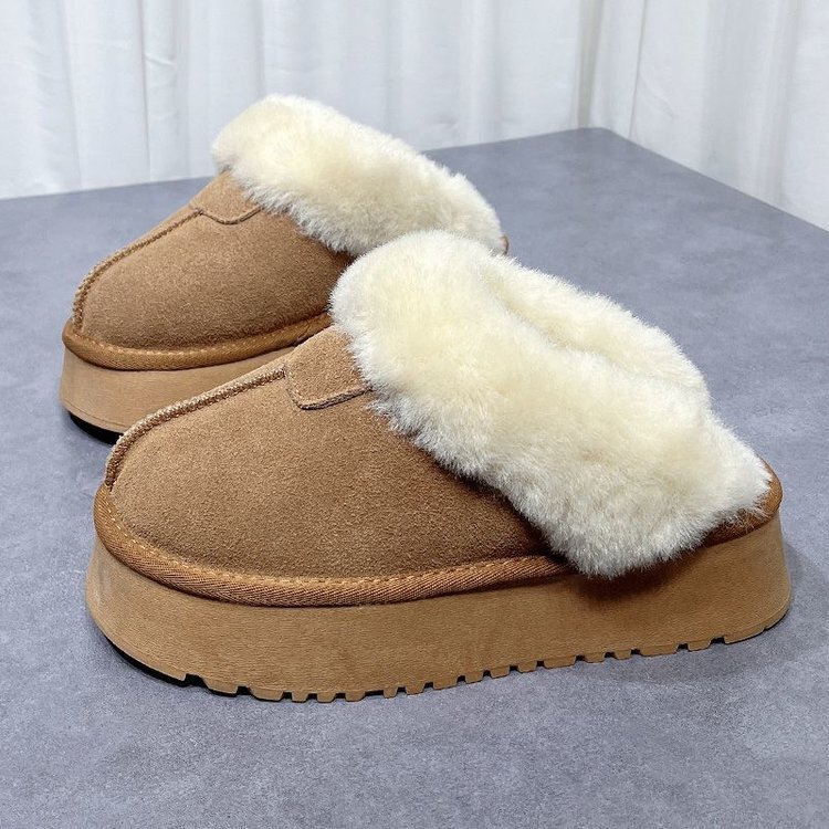 Thick-Soled Snow Boots Slippers for Women 2026 Autumn and Winter New Style Platform Sole Closed-Toe Height-Increasing Furry Slippers Thickened and Fleece-Lined for Outdoor Wear